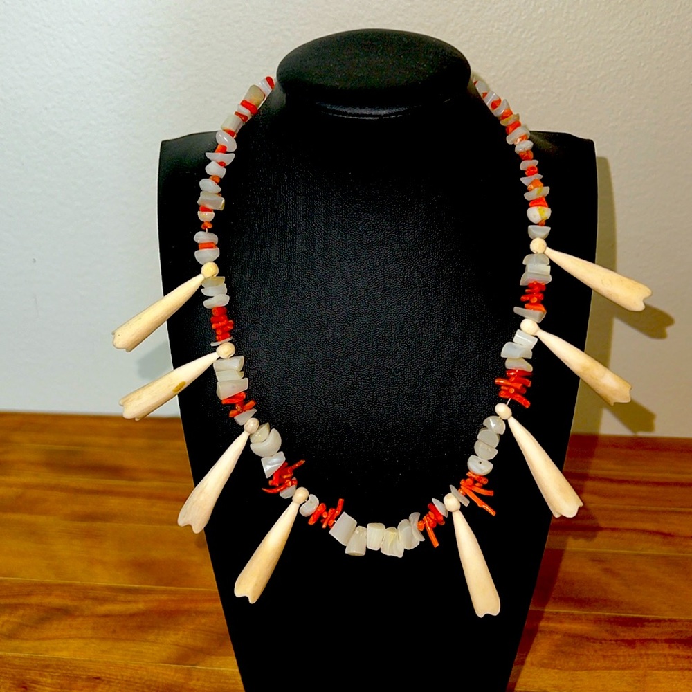 Native American Bone, Coral & Mother of Pearl Necklace